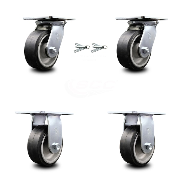 5 Inch Rubber on Aluminum Caster Set with Ball Bearing 2 Swivel Lock and 2 Rigid
